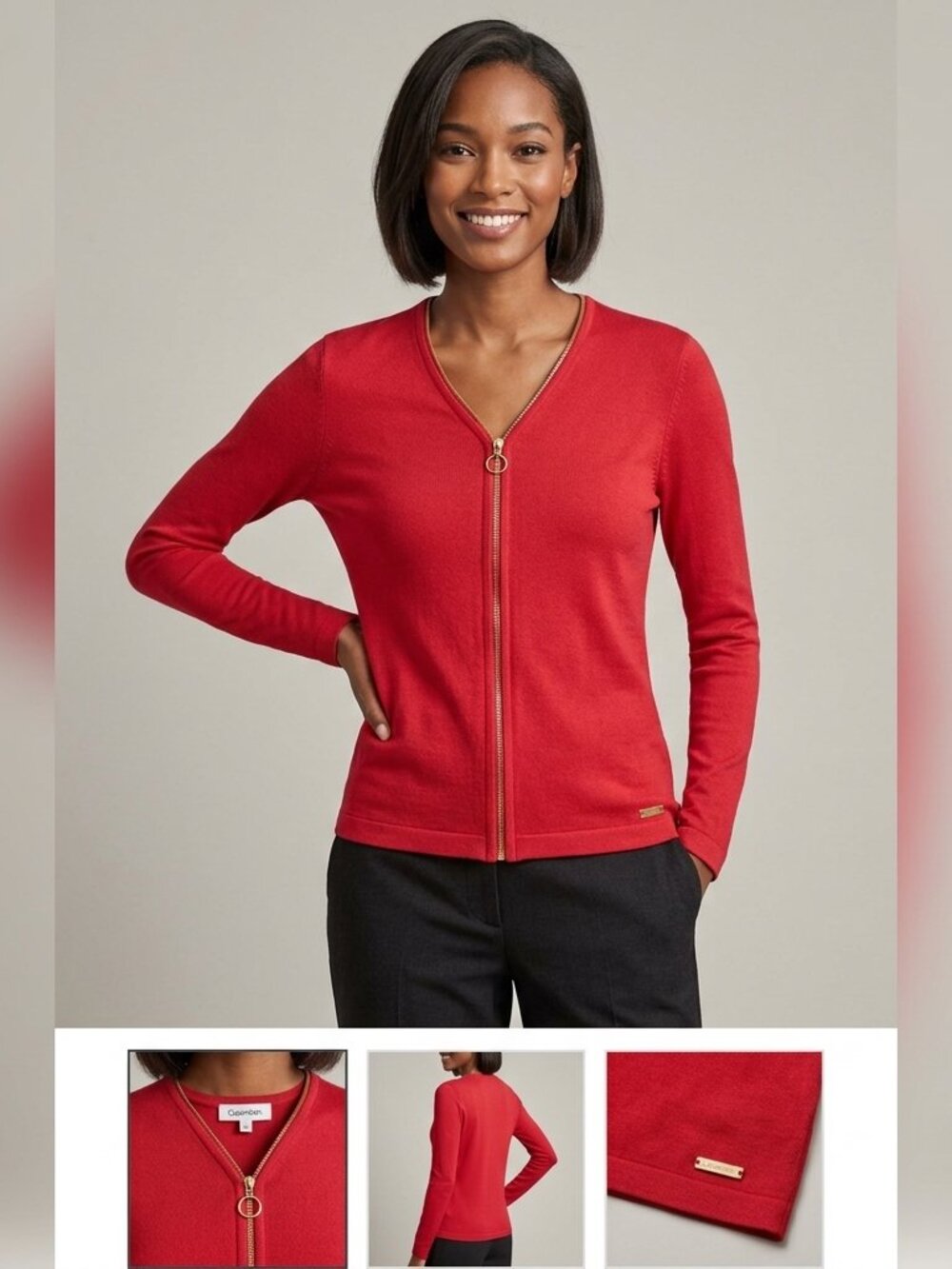 Calvin Klein Cardigan Sweater Size XS Long Sleeves Full Zip full V Neckline Red
